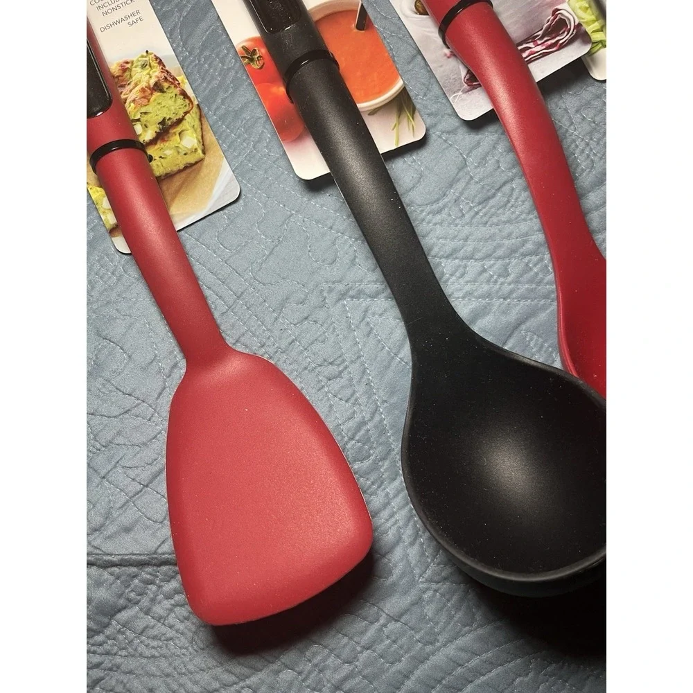 KitchenAid 4 Pc Black Red Silicone Ladle Basting Spoon and Lifter Safe Nonstick